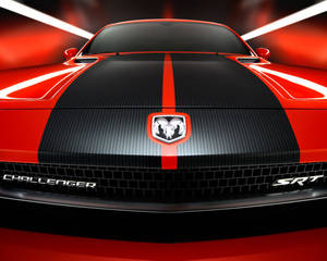 紅色Dodge Challenger SRT，帶有黑色碳纖維引擎蓋和賽車條紋。 — 鬼滅之刃面具 壁紙