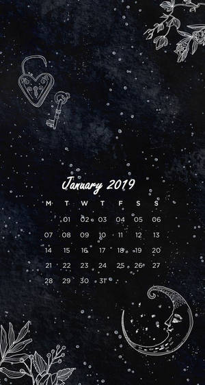 2019年1月日曆，深色紋理背景上帶有心形鎖匙、月亮和花卉枝葉的白色線條畫。