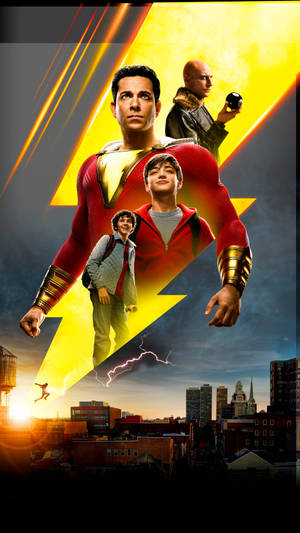 Shazam! 電影海報，四個角色在日落時分的城市上空。 — 超級英雄 壁紙