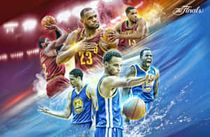 NBA總決賽籃球運動員以火焰和水流效果移動。
