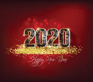 金色閃粉圍繞3D 2020數字，紅色散景背景，附有Happy New Year文字。