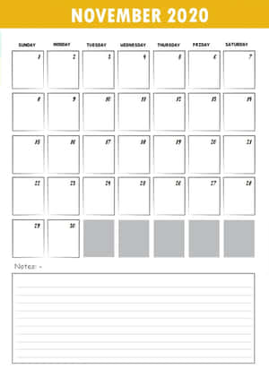 空白的2020年11月日曆，帶有備註空間。