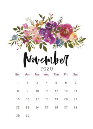 2020年11月月曆，網格上方有彩色水彩花卉。