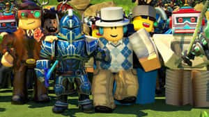 一群色彩繽紛的 Roblox 頭像一起站在草地上。 — 美學 Roblox 壁紙