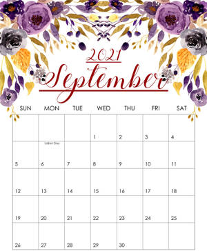 2021年9月日曆，帶有水彩花卉邊框。