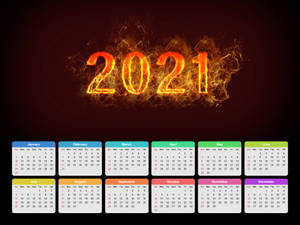 深紅色背景上帶有火熱的2021文字，下方有十二個月曆。 — 日曆 壁紙