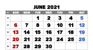 2021年6月日曆，帶有紅色和藍色突出顯示的日期。