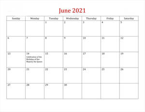 2021年6月日曆，在14日有一個女王生日的活動備註。