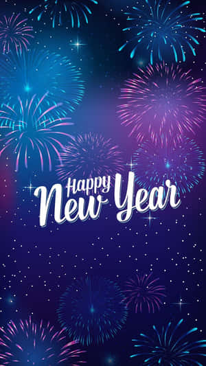 藍色和紫色煙火在繁星點點的夜空中綻放，帶有「Happy New Year」文字。 — 煙火 壁紙