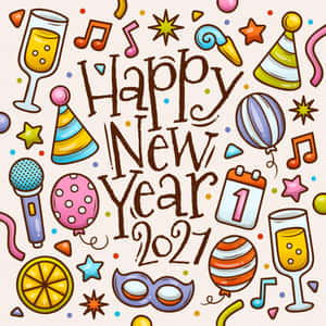 新年2021慶祝活動，有派對帽、氣球和香檳杯。 — iPad 第10代 壁紙