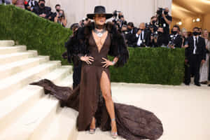 Rihanna 身穿棕色羽毛長袍和帽子，在樓梯上擺姿勢參加晚會。