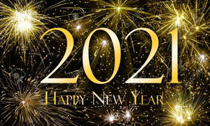 金色2021 Happy New Year文字配上黑色背景上嘅閃爍煙花