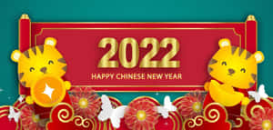 兩隻卡通老虎在紅色橫幅周圍用花朵和蝴蝶慶祝農曆新年。 — 中國新年 壁紙
