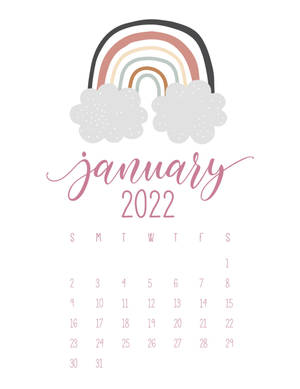 2022 年 1 月日曆，帶有粉彩彩虹和雲朵