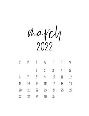 2022年3月日曆，手寫風格和整潔網格佈局。