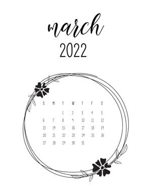 帶有圓形花環邊框的2022年3月日曆。
