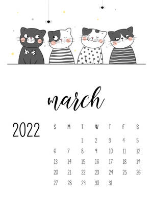 四隻卡通貓咪穿著服裝，從2022年3月日曆上方窺視，上方有蜘蛛。