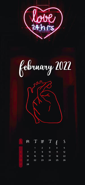 霓虹心形標誌位於解剖心形輪廓和2022年2月日曆上方，背景為深色。 — iPhone 17 壁紙