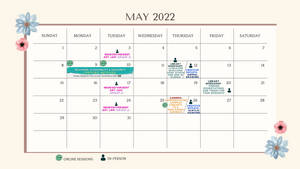 2022年5月月曆，附有活動貼紙和花卉裝飾。