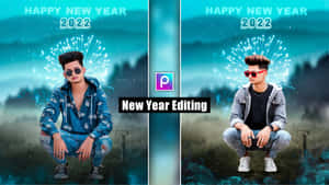 兩個男人蹲在森林中，身後有煙火，迎接2022年新年。