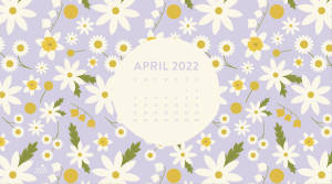 2022年4月日曆被雛菊和鈴鐺環繞在薰衣草背景上。