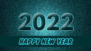 在閃爍的藍綠色數位背景上，發光的2022和Happy New Year文字。