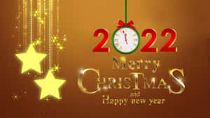 聖誕快樂及新年快樂2022，配有金色星星和時鐘。