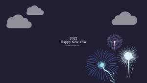 藍色煙火在黑暗天空中與灰色雲朵和新年文字一起爆炸。