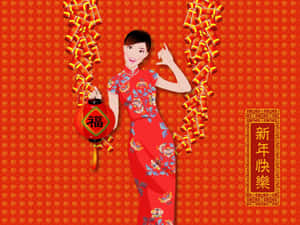 身穿紅色旗袍的女性手持燈籠和鞭炮，慶祝農曆新年。 — 中文 壁紙