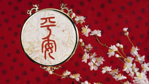 帶有黑色圖案的紅色布料和櫻花，旁邊是一個金框書法作品。 — 中國新年 壁紙