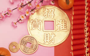 金色中國錢幣帶有福字，被櫻花和鞭炮環繞。 — 中國新年 壁紙