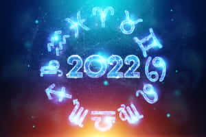 星座符號在2022年周圍的宇宙場景中發光。