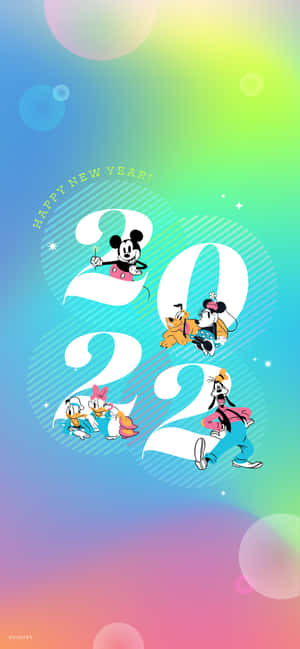 迪士尼角色在色彩繽紛的漸變背景上歡樂地慶祝2022年新年。