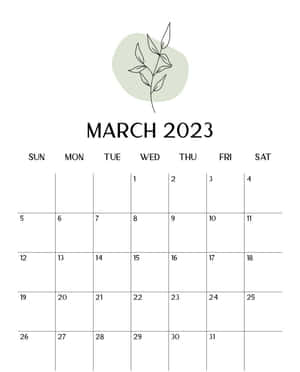 2023年3月日曆，網格上方有簡單的葉子設計。 — 二月 壁紙