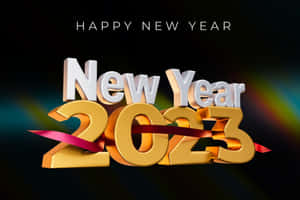 金色3D新年2023文字配紅色絲帶，深色背景帶彩虹光條。