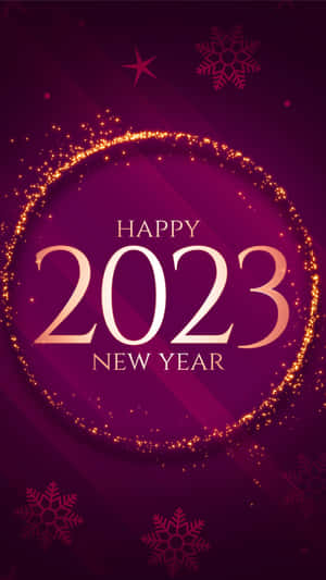 2023新年快樂祝福，金色閃光和雪花在紫色背景上。