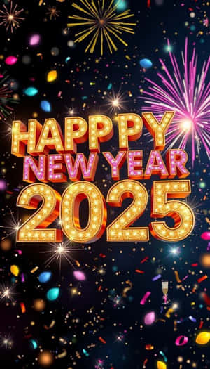 Happy New Year 2025 文字與煙火和紙屑在黑暗天空中 — 煙火 壁紙