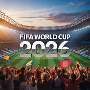 球迷在日落燈光下於FIFA世界盃2026體育場揮舞旗幟並歡呼。
