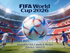 FIFA世界盃2026宣傳圖片，體育場內有球員和發光的足球。