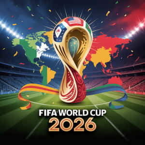 FIFA 2026 世界盃獎盃在足球場上，背景有世界地圖和五彩紙屑