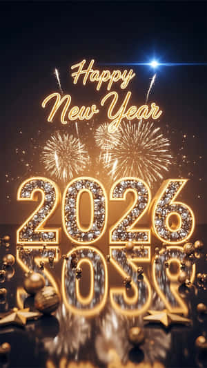 金色2026，帶煙花和Happy New Year文字，深色背景 — 夜晚 GIF 壁紙