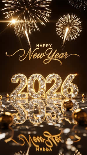 金色煙火在閃爍的2026數字上方綻放，映照在反光的黑色表面上。 — 夜晚 GIF 壁紙