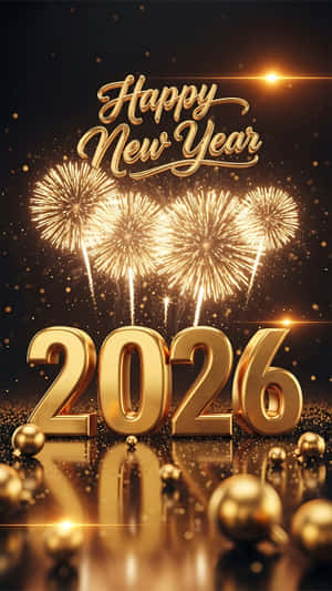 金色2026文字搭配煙花與閃光，位於反光表面，適合新年慶祝 — 設計 壁紙