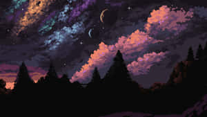 像素化夜空，彩色雲朵，兩個月亮和森林剪影。