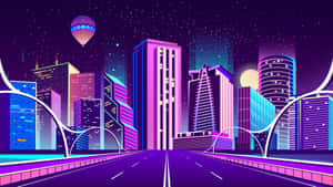 夜晚的未來城市天際線，發光的建築物和熱氣球。
