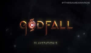 金色字體的 Godfall 遊戲標誌，帶有宇宙背景和 PlayStation 5 文字。 — 神之隕落 壁紙