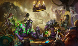 奇幻角色在燭光酒館中玩牌，伴隨著發光的魔法。 — 動漫打鬥 壁紙