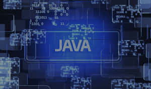 Java 程式語言標誌被浮動的二進制代碼包圍在數位界面上。