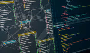 深色 IDE，帶有彩色語法高亮和相互連接的代碼文件。