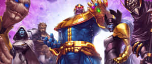 Thanos 手持無限手套，被強大的盟友包圍在宇宙環境中